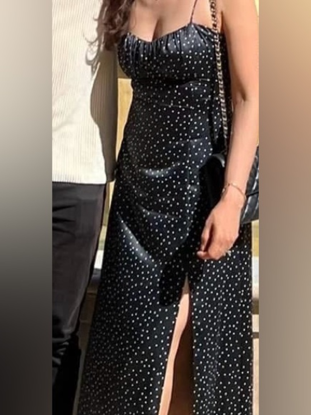 Women's Navy Polka Dot Midi Dress with Side Slit
